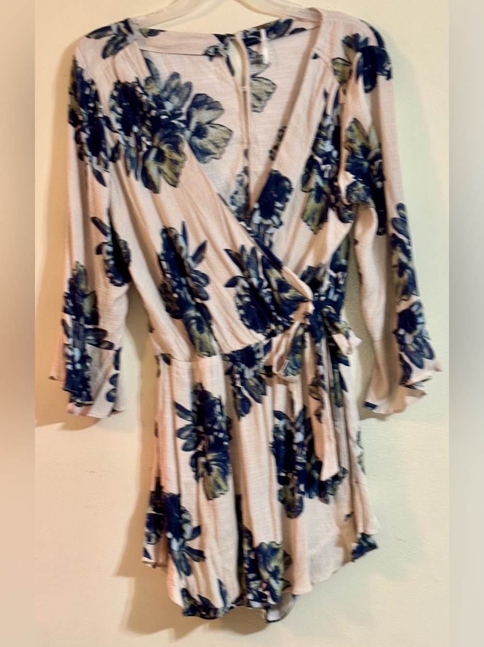 Free People Blush Floral Wrap Romper with Navy & Olive Accents - Picture 6 of 16